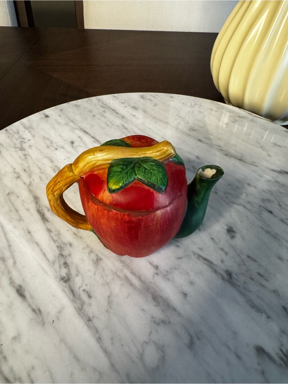 Decorative Red Apple Ceramic Teapot with Green Spout and Yellow Handle